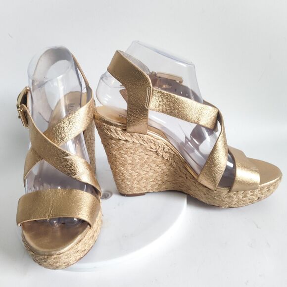 Michael Kors Espadrille Sandals Size 8.5 Platform Gold Leather Giovanna 5" Wedge - Picture 6 of 14
